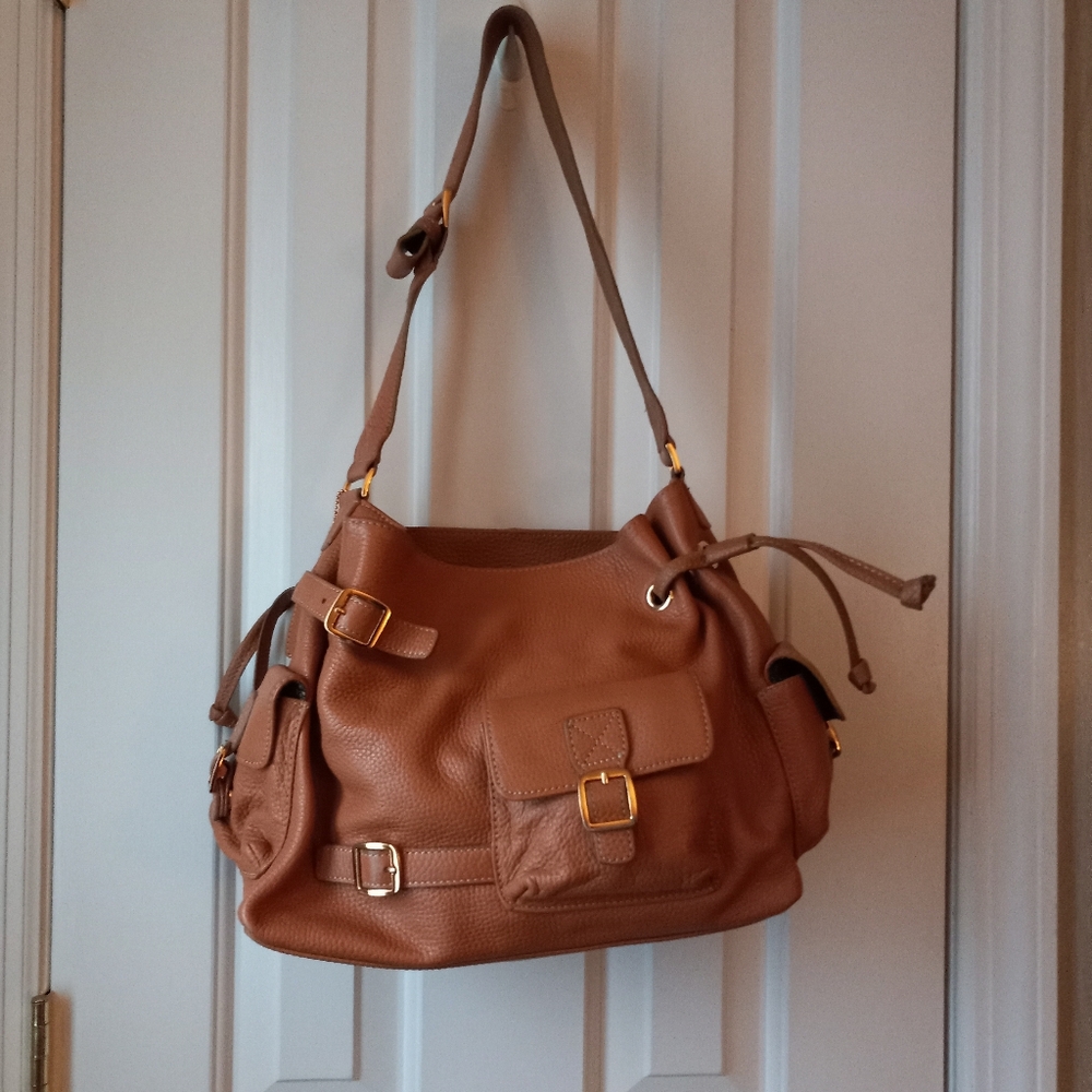 Maxx NY tan pebbled leather large shoulder bag 3 compartment original dust bag